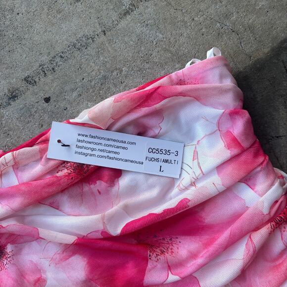 Cameo Ruched Mesh One Shoulder Maxi Dress Women's L Fuschia Floral Print - Picture 4 of 12